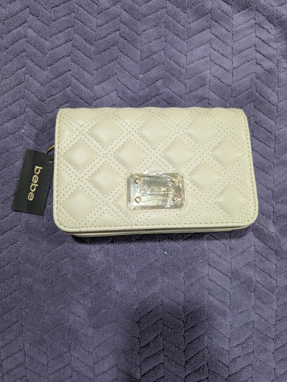 bebe Quilted Taupe Crossbody/Clutch with Metal Plaque